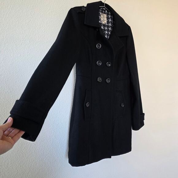 Tulle Black Wool Blend Peacoat Womens Size L Double Breasted Star Print Lining - Picture 5 of 15
